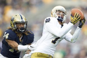 Notre Dame wide receiver Will Fuller hauls in one of his three touchdown catches Saturday against Pitt's Avonte Maddox(14) at Heinz Field.