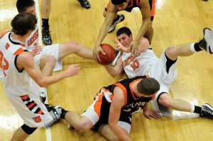 Becky Malewitz/Telegram Ulysses Alec Meirhoff struggles to gain control of the ball durning the first half.