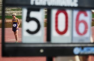 Becky Malewitz/Telegram Lakin's Kaylee Line gets ready to attempt her final jump in the Class 3A high jump Friday afternoon during the state track meet in the campus of Wichita State University. Line placed second in the event.